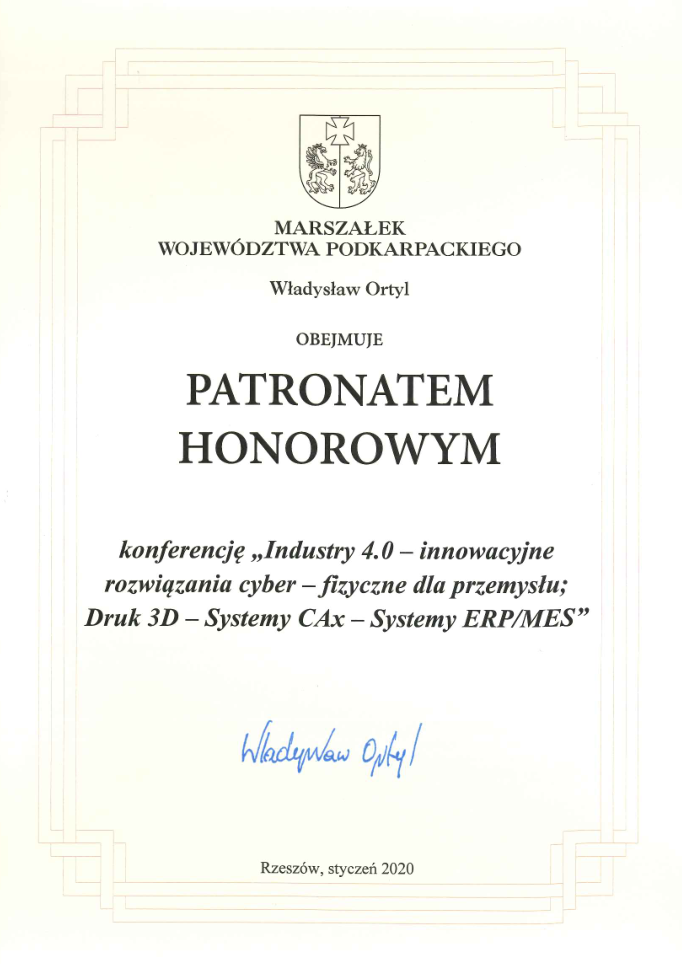 skan dokumentu potwierdzającego patronat honorowy Marszałka Województwa Podkarpackiego