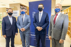 Wizyta premiera na Politechnice Rzeszowskiej. Od lewej: W. Ortyl, prof. P. Koszelnik, M. Morawiecki, prof. J. Sęp.